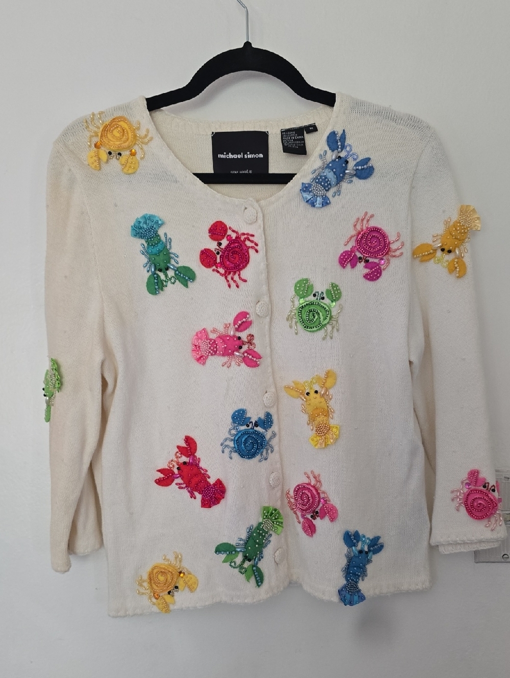 Michael Simon Ivory Cardigan with Multicolor Beaded Crab Appliqués